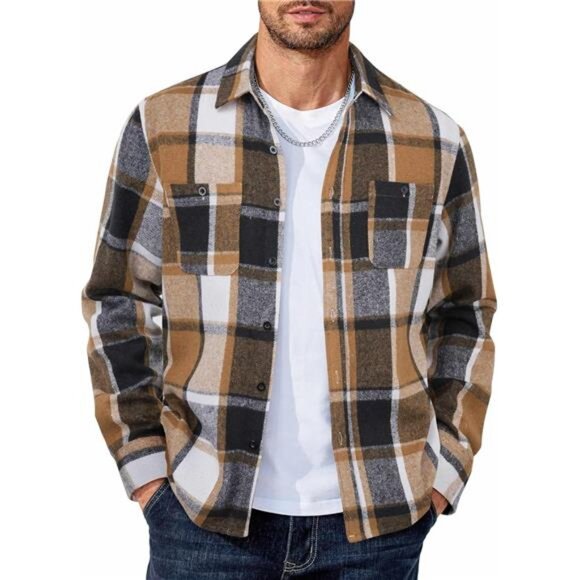 Men's Flannel Shirts Long Sleeve Plaid Button Down Black Khaki - Picture 1 of 5